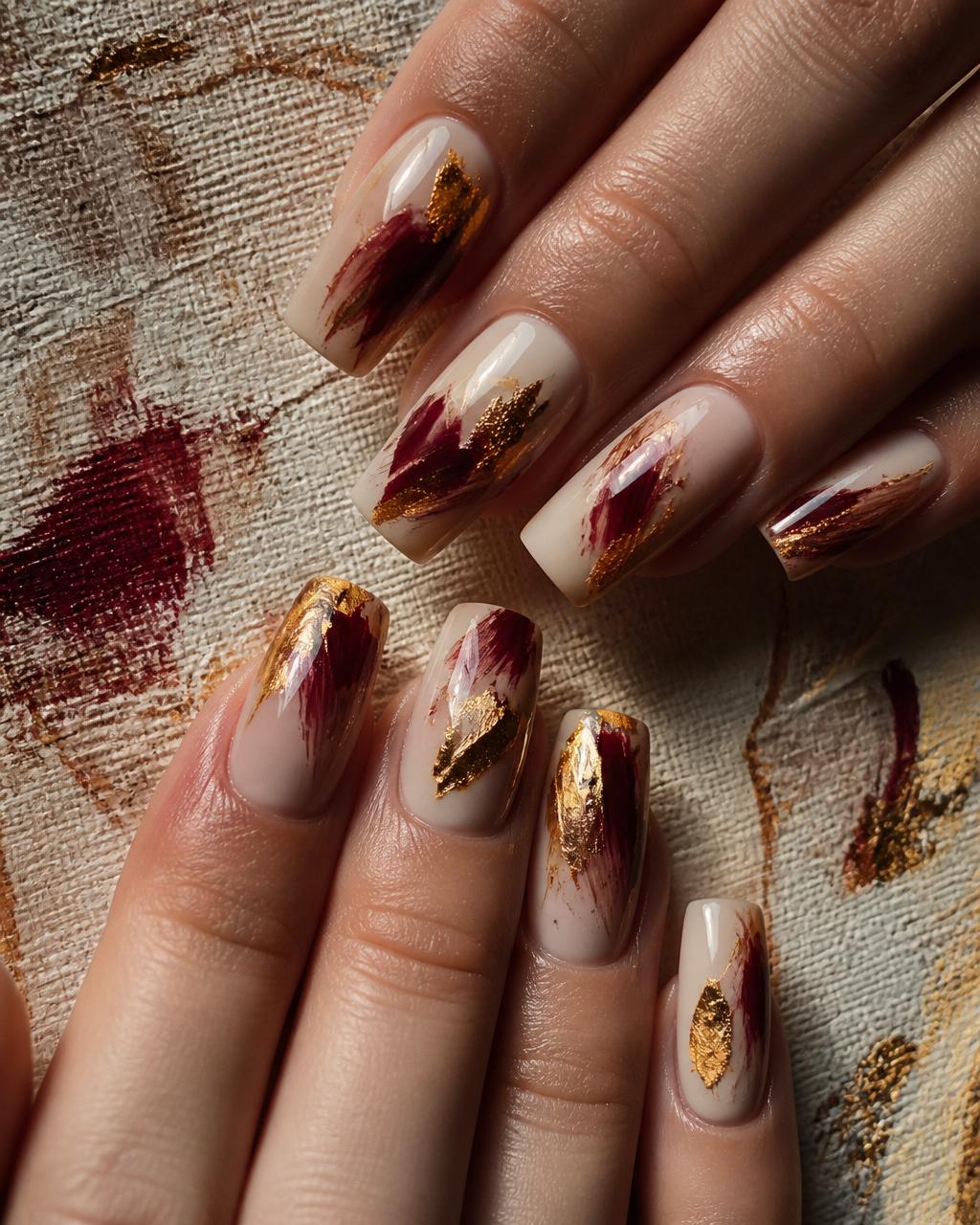 Abstract burgundy and gold brushwork on structured gel