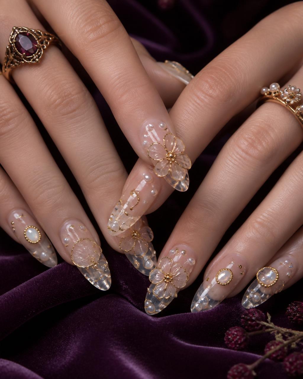 Sculptural floral nails with pearls on velvet