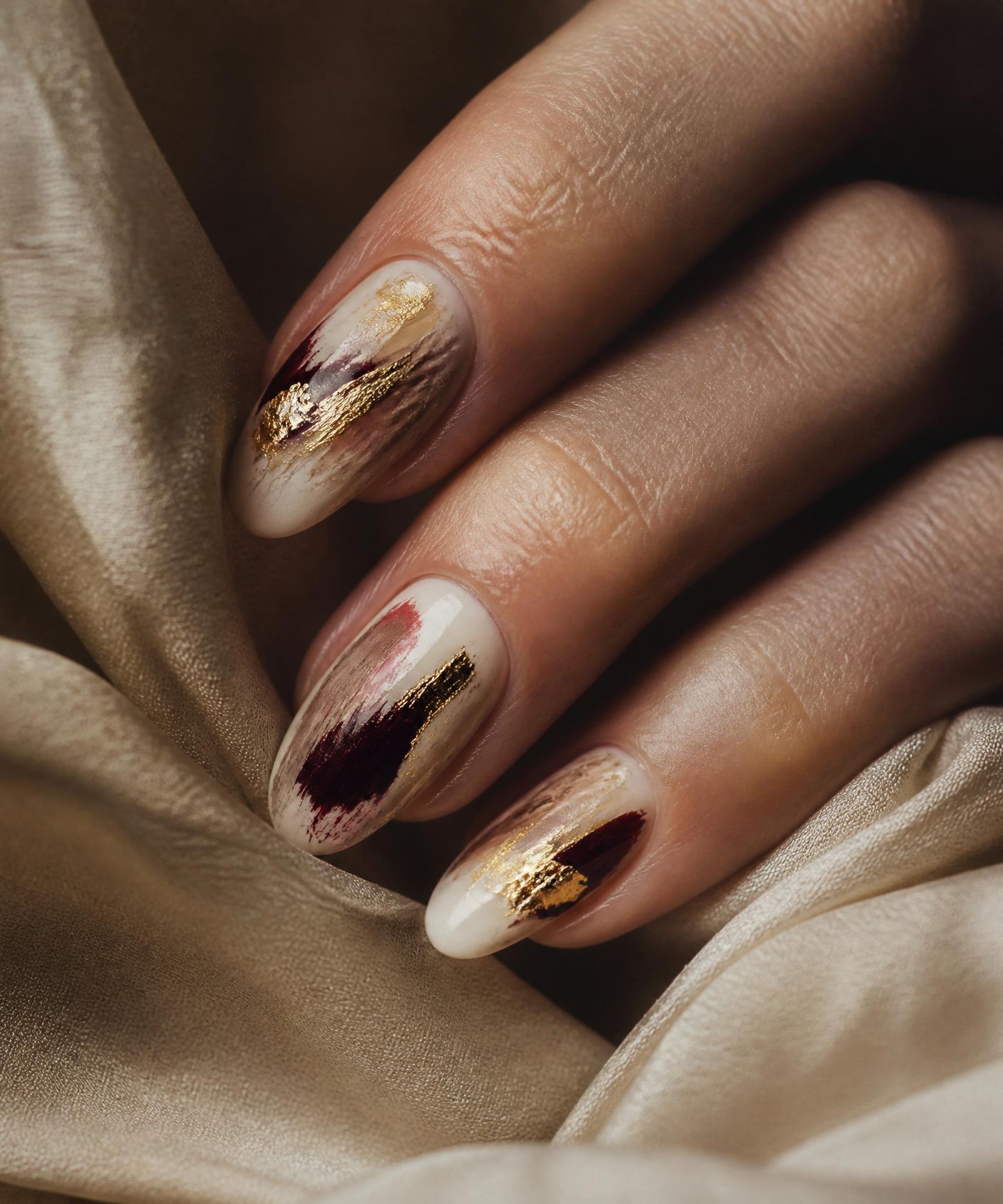 Hand-painted nail art in cream, wine and gold leaf