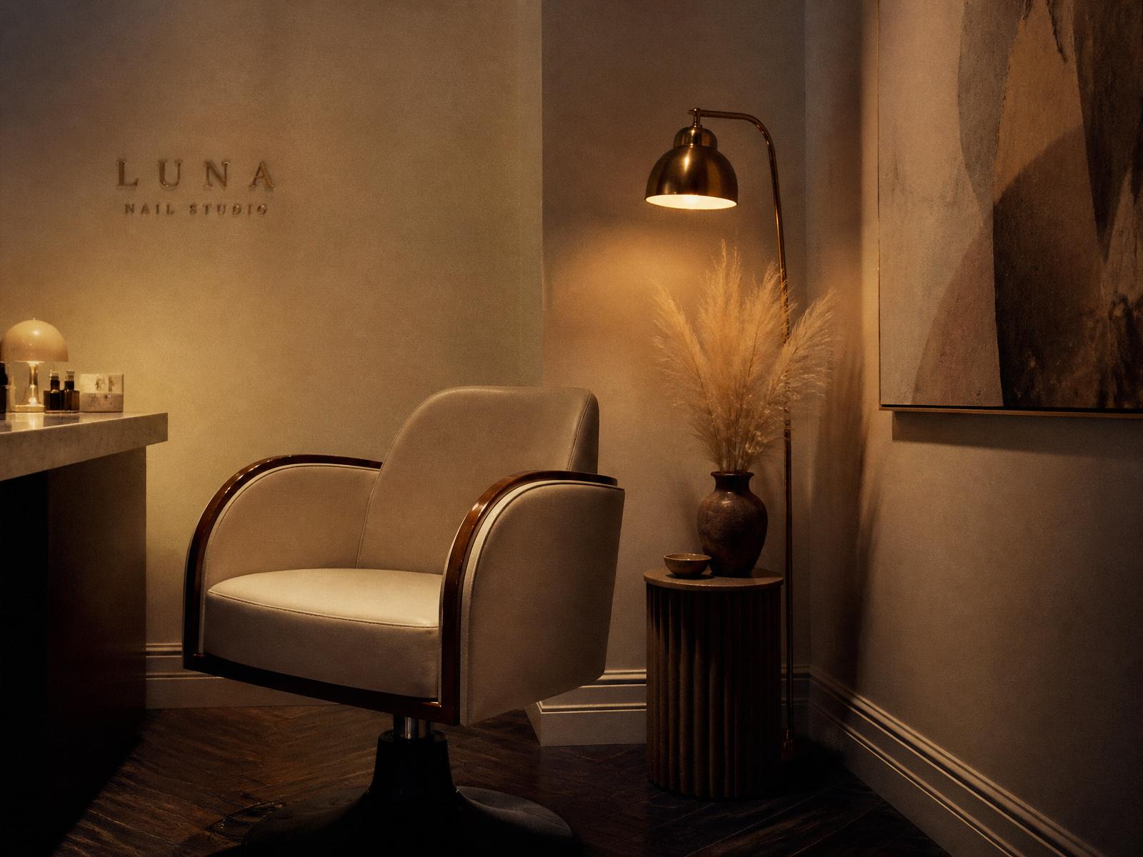 The Lunula Nail Artistry atelier — a quiet room with warm brass light